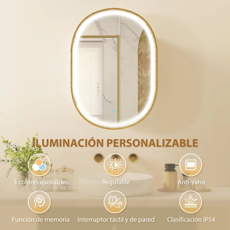 HOMCOM Armario de Baño con Espejo y Luces LED de 3 Colores Armario de Pared Ovalado con Función Memoria y Antivaho Dorado
