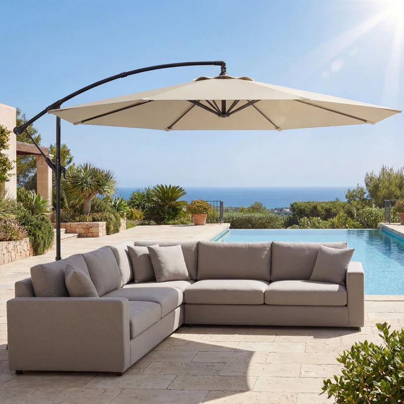 Outsunny Parasol Excéntrico Ø300 cm con Base Cruzada Toldo Ajustable y Manivela UPF30+ para Terraza Patio Blanco Crema