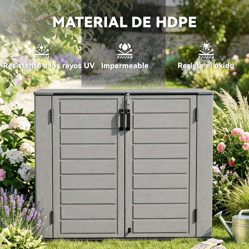 Outsunny Cobertizo de Jardín de HDPE 940L con Tapa Abatible 2 Puertas Cerradura Cobertizo de Jardín 142x67x119 cm Gris Claro