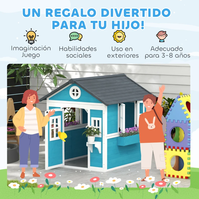 Outsunny Casita de Madera Infantil con Puerta Ventanas Jardineras y Repisas con Detalles de Color 114x126,4x135 cm Azul