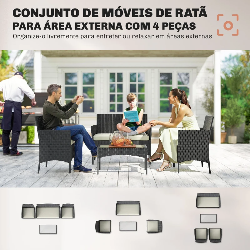 Outsunny Conjunto de Móveis de Jardim em Vime Sintético com Sofá Poltronas e Mesa de Vidro Temperado com Almofadas Preto e Creme