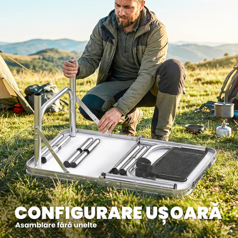 Outsunny Masă de Camping Pliabilă 60 cm, Picnic cu Plasă, Negru