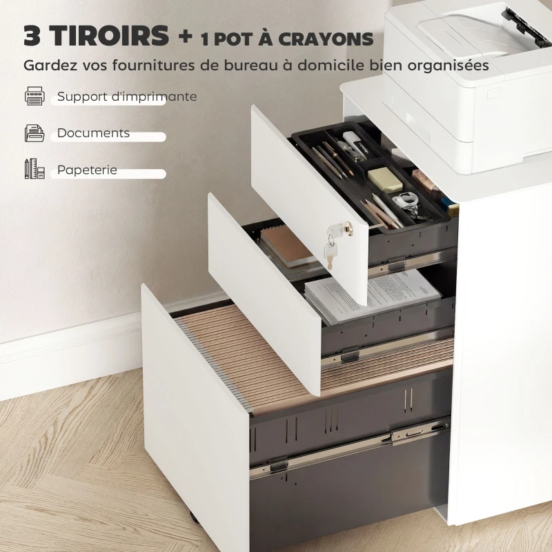 Vinsetto Caisson de bureau rangement bureau sur roulettes 3 tiroirs coulissants verrouillables trieur à dossiers dim. 39L x 48I x 59H cm acier blanc