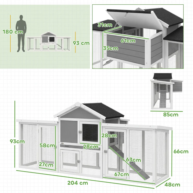 PawHut Gallinero para Exterior Grande de Madera 204x85x93 cm con Caja de Anidación Corral Bandeja Extraíble y Percha Gris