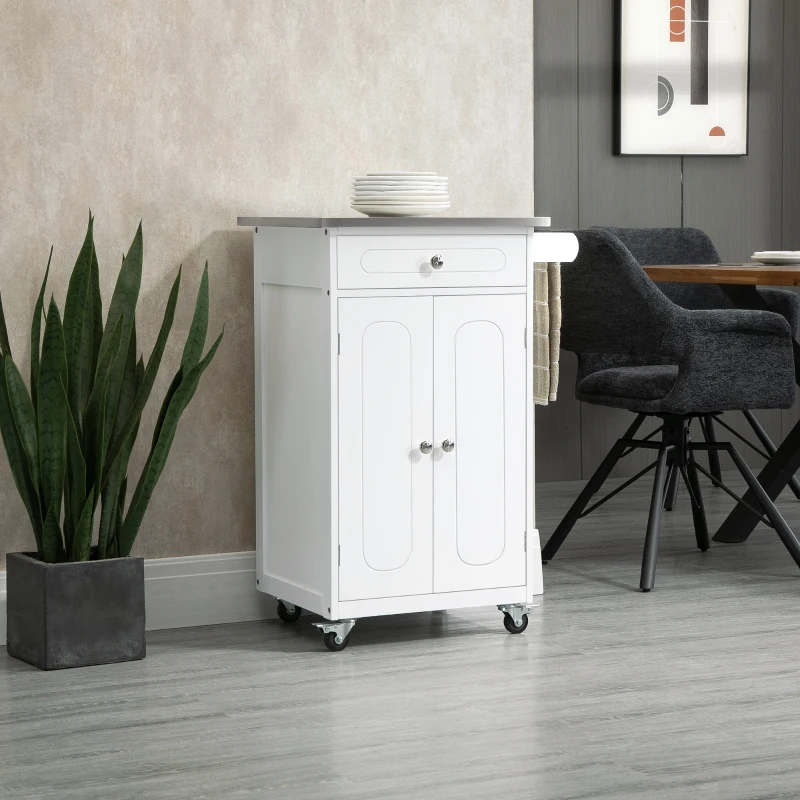 HOMCOM Chariot de service desserte de cuisine à roulettes multi-rangements 1 tiroir placard 2 portes avec étagère porte-torchons MDF blanc acier inoxydable