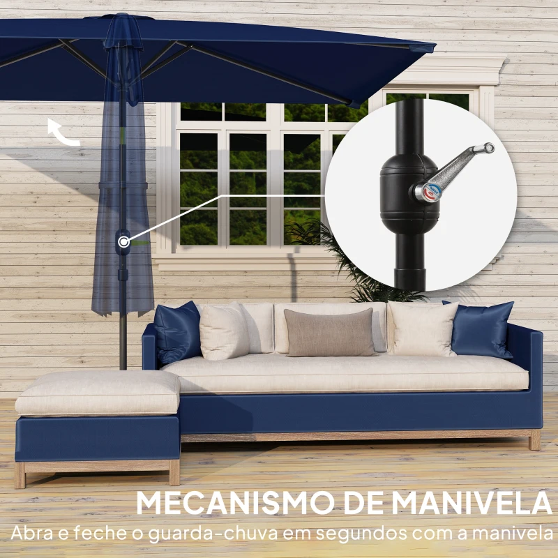 Outsunny Chapéu de Sol de Alumínio 198x294x255 cm Chapéu  Retangular de Jardim Inclinável com Manivela e Mastro Desmontável Azul-Marinho