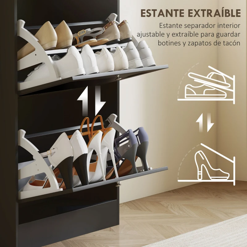 HOMCOM Mueble Zapatero Moderno con 3 Cajones Abatibles y Estantes Ajustables para 18 Pares de Zapatos 60x23,5x115 cm Negro