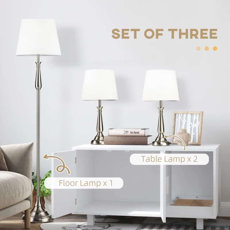 HOMCOM 3-częściowy zestaw lamp w stylu retro, 2 lampy stołowe, 1 lampa podłogowa, 35,5 cm x 35,5 cm x 146 cm, Srebrny + Biały