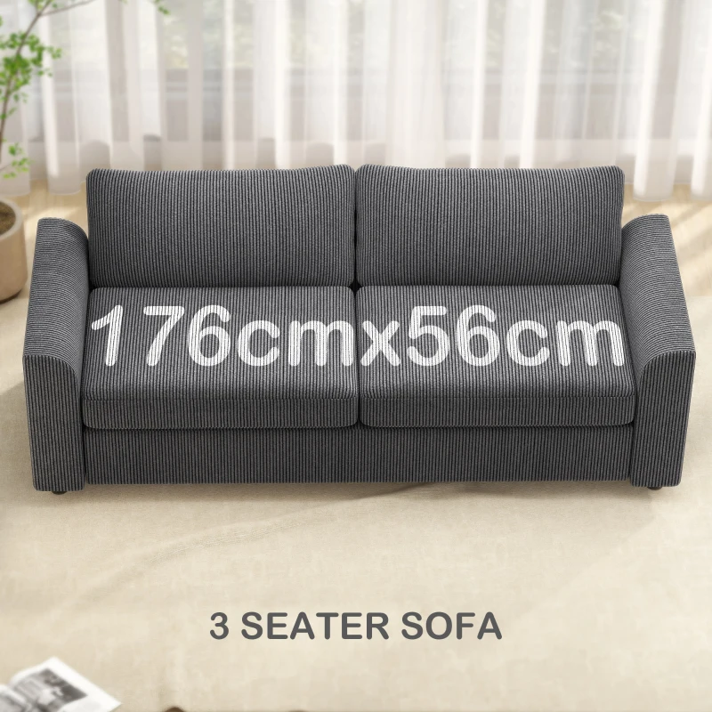HOMCOM Sofa 3-osobowa z Poduszkami Dekoracyjnymi, Szara Sofa Sztruksowa do Salonu, Sypialni, 212 cm szerokości, Ciemnoszara
