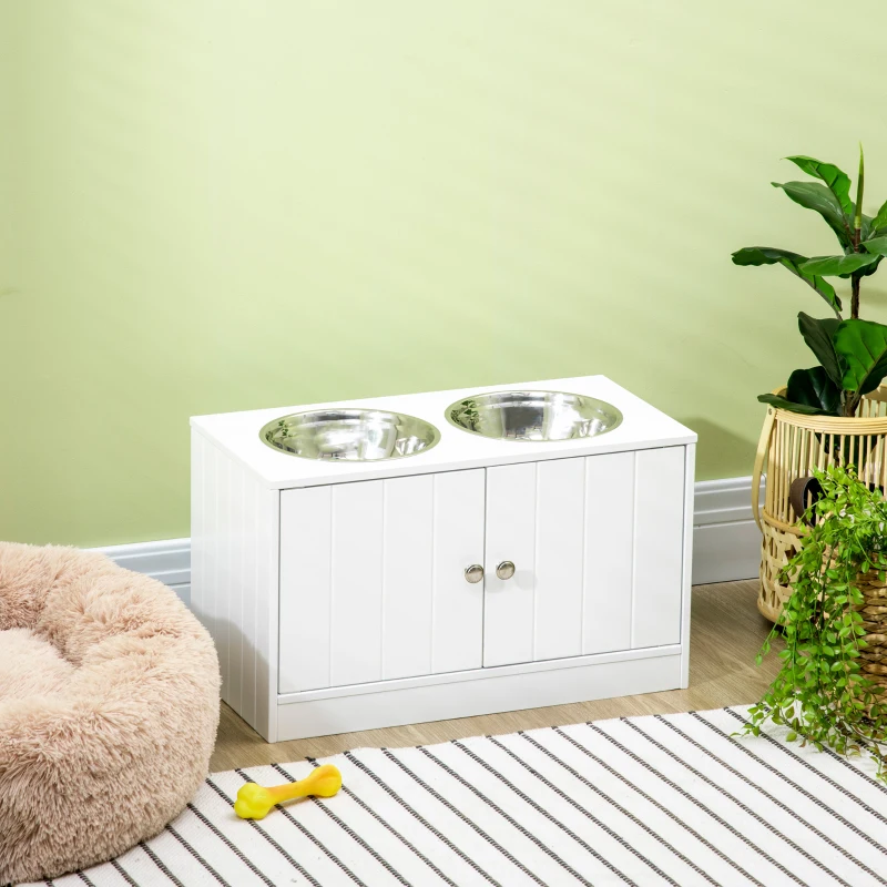 PawHut Gamelles chiens surélevées gamelle double chien chat porte-gamelles 60 x 30 x 35,5 cm 2 gamelles 2L acier inox incluses bois blanc
