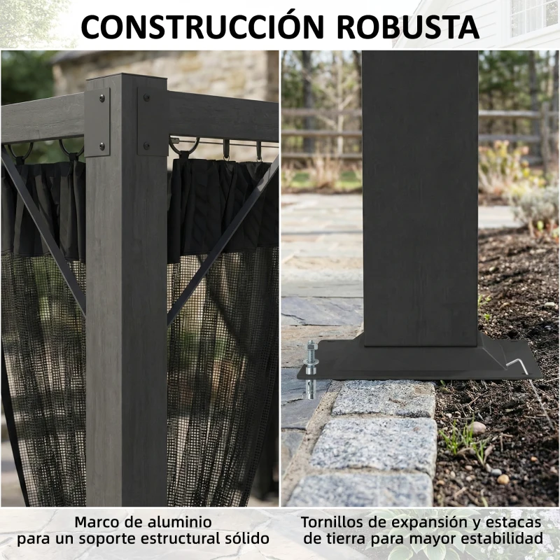 Outsunny Pérgola de Jardín 3x4 m con Techo Retráctil 4 Laterales de Malla UPF30+ Cenador de Jardín para Patio Exterior Gris