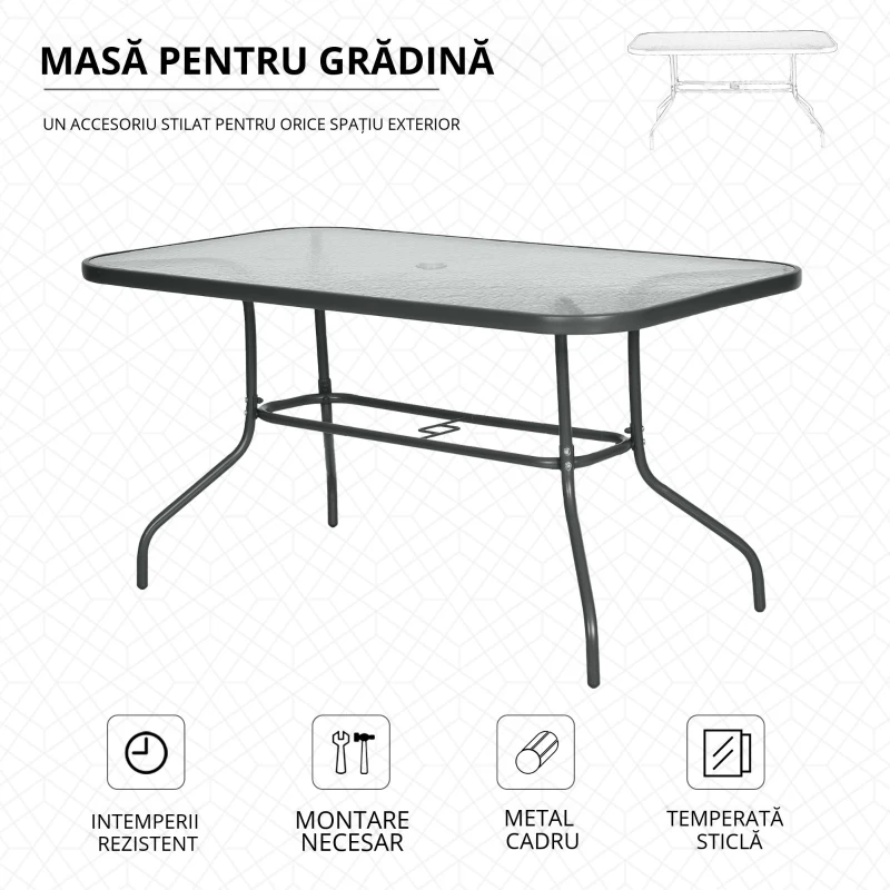 Outsunny Masa de Exterior din Metal si Sticla Temperata cu Orificiu pentru Umbrela 140x80x70cm