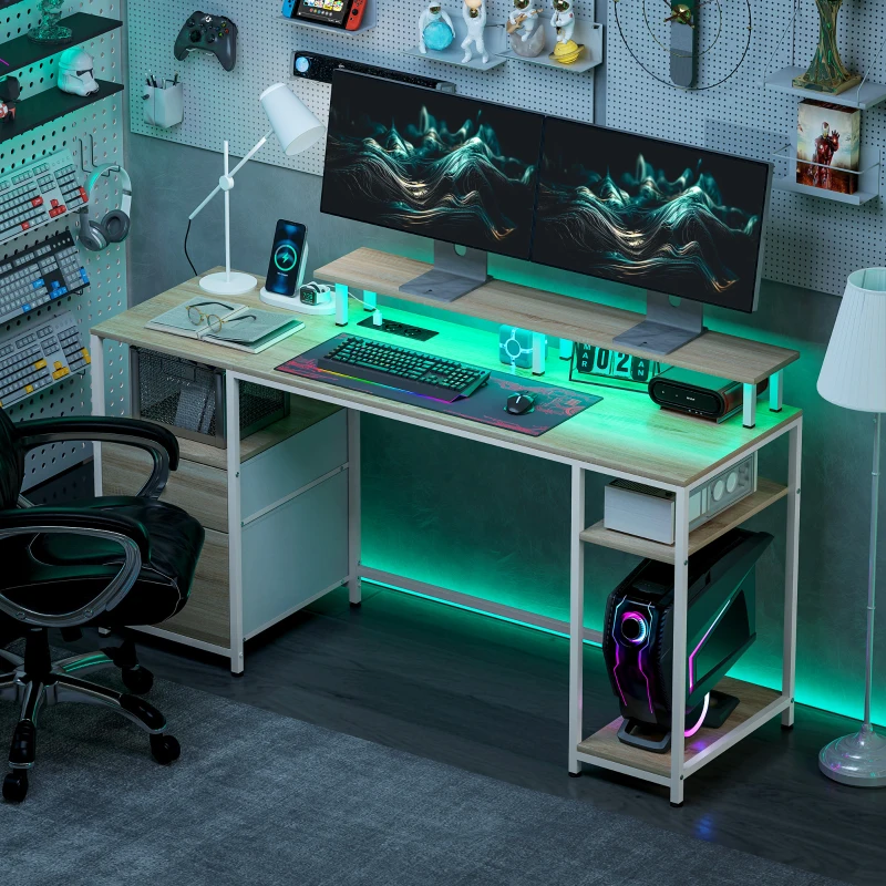 HOMCOM Computertisch mit einstellbarer LED-Beleuchtung 2 Steckdosen USB-Anschlüsse Schubladen Ablagen 155,5x48x88,5cm Naturholzoptik