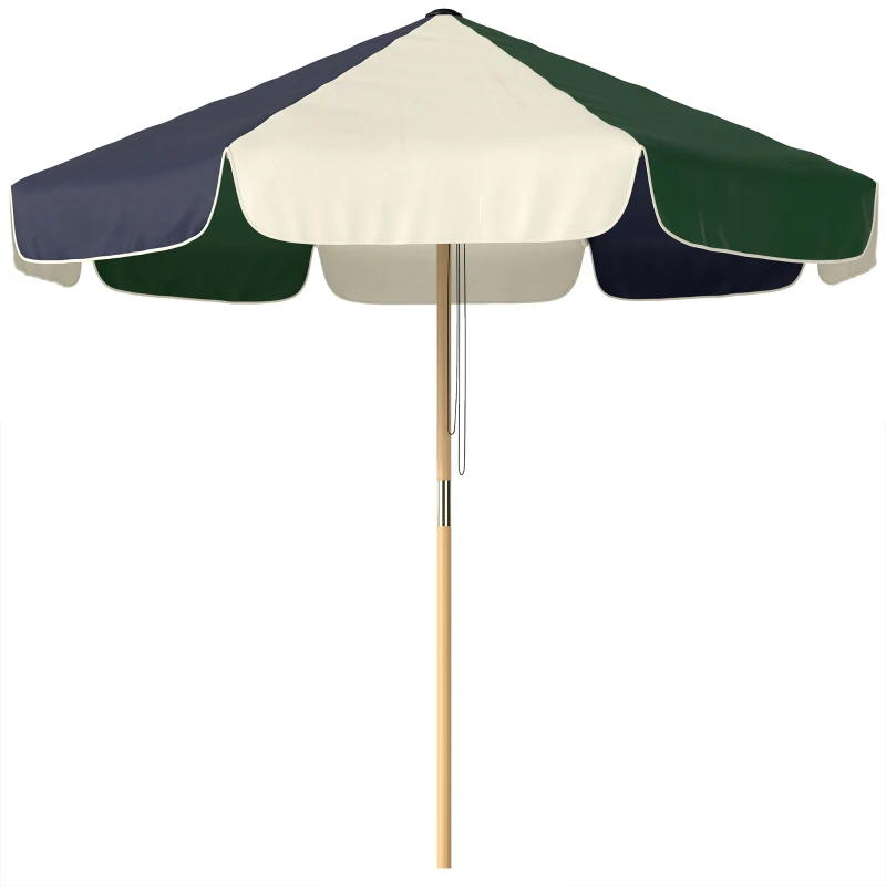 Outsunny Parasol de Jardín con Cuerda Protección Solar UPF30+ Estilo Retro Efecto Madera con Volantes Inclinable Ø 226 cm Crema y Verde