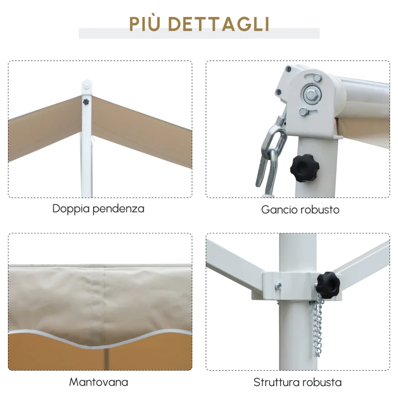 Outsunny Tenda Parasole a Doppia Pendenza 3 x 3 m, Retrattile Manualmente, Inclinazione Regolabile, Anti-UV, in Acciaio e Poliestere Impermeabile, Beige