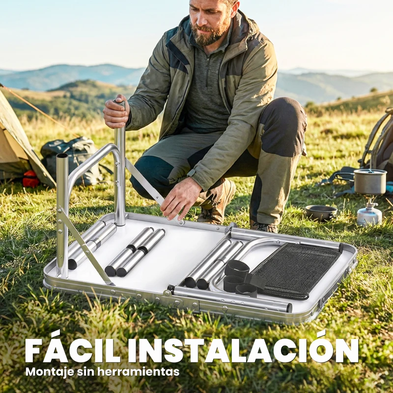 Outsunny Mesa Plegable Camping 60x40x60 cm con Altura Ajustable en 4 Niveles Red de Almacenamiento Marco de Aluminio Negro