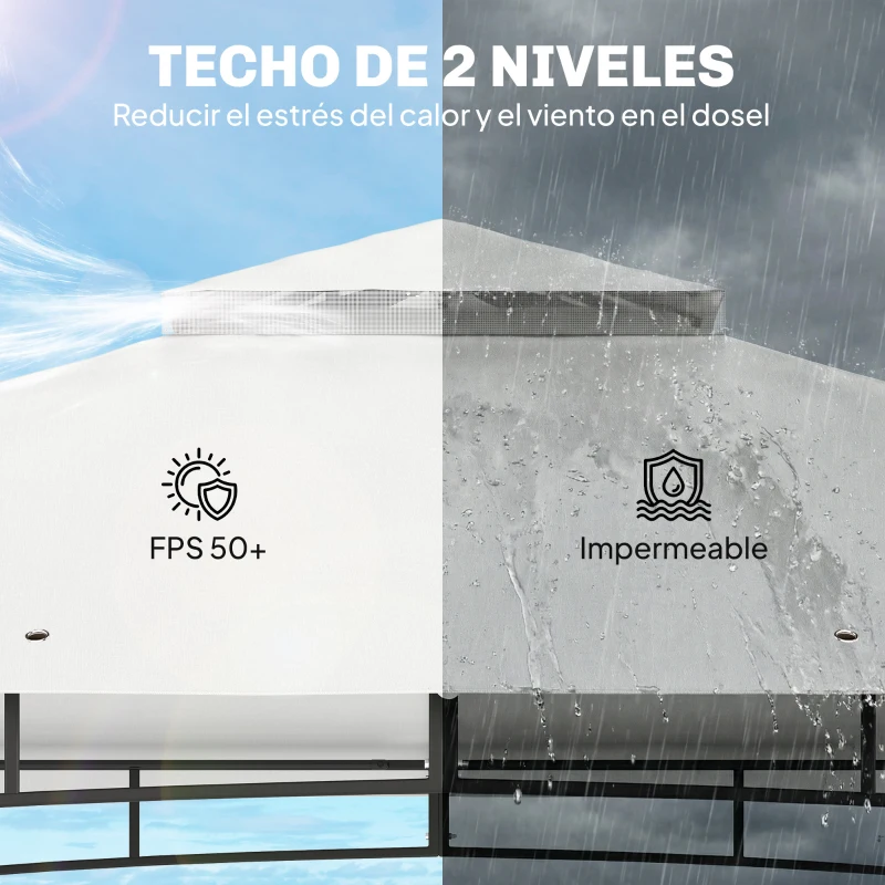 Outsunny Carpa para Jardín con Techo Doble Cenador con Paredes de Malla UPF50+ para Exterior Terraza 360x300x275 cm Crema y Teca