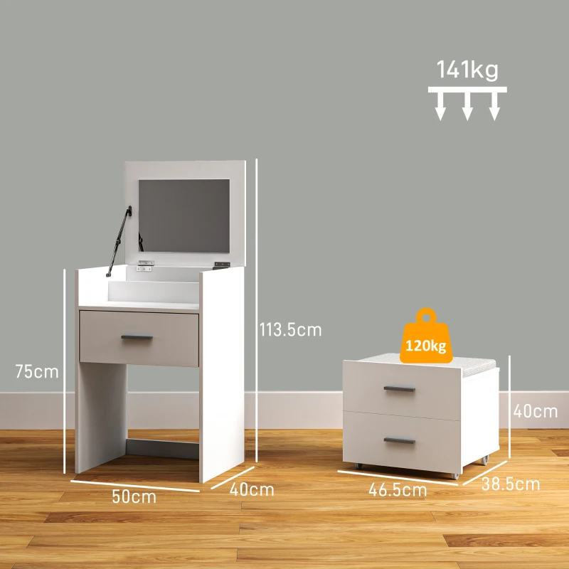 HOMCOM Tavolo da Trucco in Legno con Specchio Ribaltabile, 2 Cassetti e Sgabello, 50x40x113.5 cm, Bianco