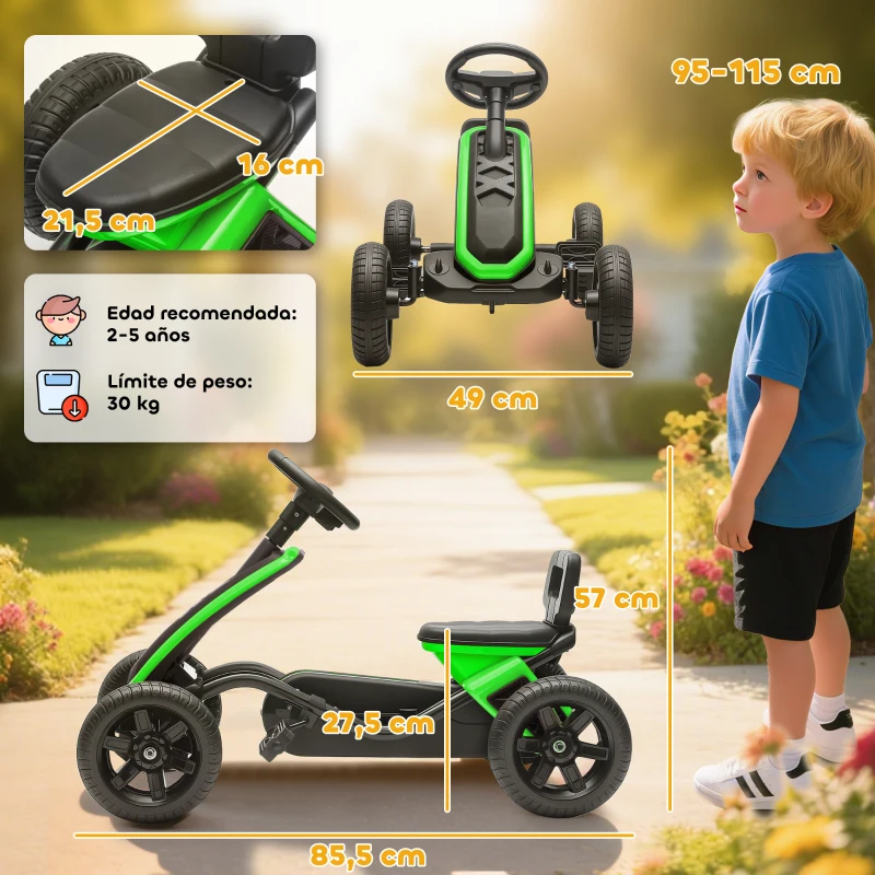 AIYAPLAY Kart à pédales avec roues EVA antidérapantes châssis métallique charge 30 kg pour enfants de 2-5 ans vert