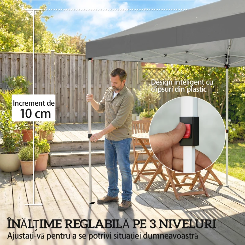 Outsunny Foișor Pliabil 3x6m Pop-Up cu 6 Pereți Laterali, Foișor de Grădină Reglabil pe Înălțime cu Saci de Nisip, Geantă cu Roți, UV50+ pentru Exterior, Gri Închis