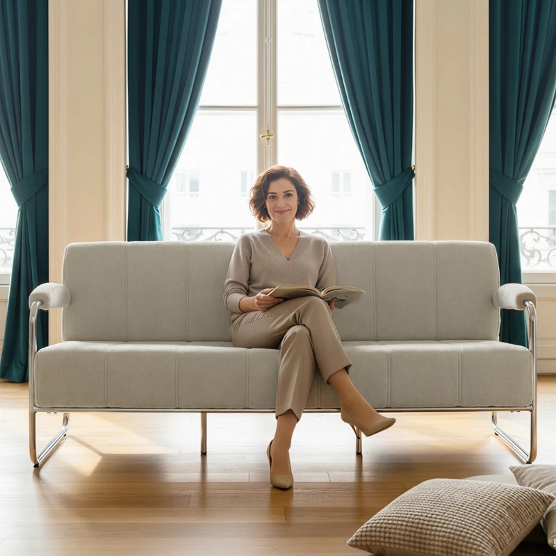 HOMCOM Canapea modernă cu 3 locuri, tapițată cu chenille bej, din oțel, spumă și placaj, 174x75x76 cm