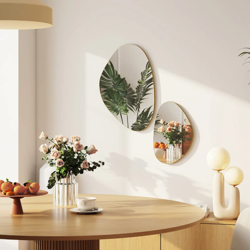 HOMCOM Set of 2 Pebble-Shaped Wall Mirror - Gold Tone