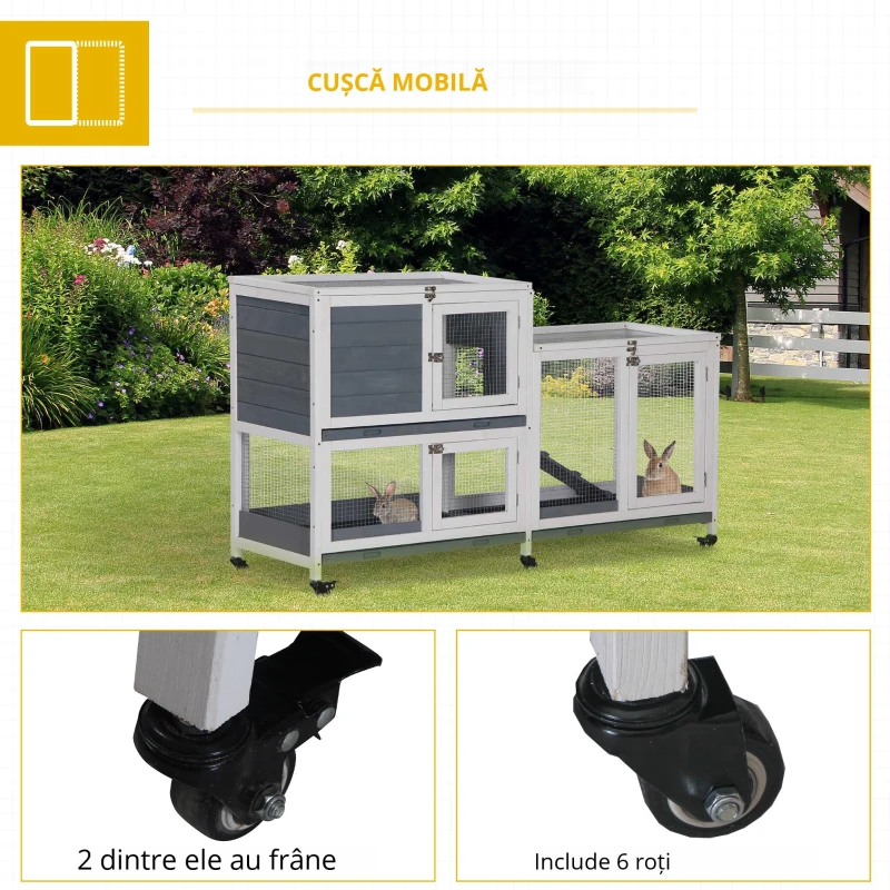 PawHut Cușcă de Lemn cu Roți 147x45,5x88,5 cm Jaulă pentru Iepuri de 2 Etaje cu Acoperiș Deschis 2 Curți din Metal 3 Tăvi Detașabile 3 Uși cu Sistem de Închidere și Rampă Gri