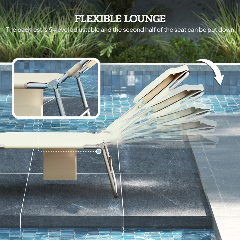 Outsunny 5-Position Adjustable Sun Loungers Set of 2 with Reading Hole and Side Pocket, Beige