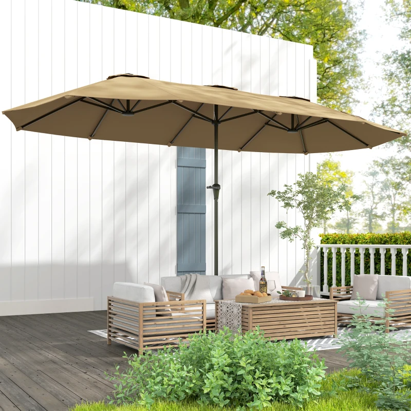 Outsunny Sombrilla Doble 4x2,2 m Sombrilla Terraza Exterior con Manivela Manual Impermeable y Protección UV30+ Café