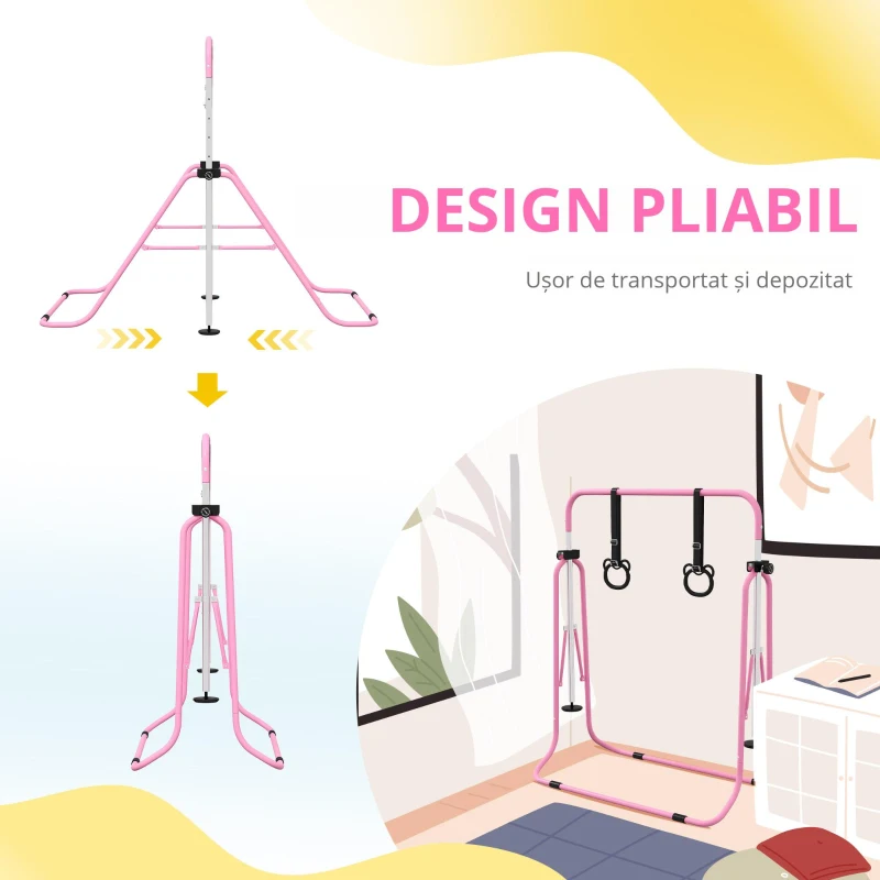 HOMCOM Paralele, Bară de Antrenament cu Înălțime Reglabilă cu 2 Inele și Covoare Antiderapante, 148x105x88-128 cm, Roz