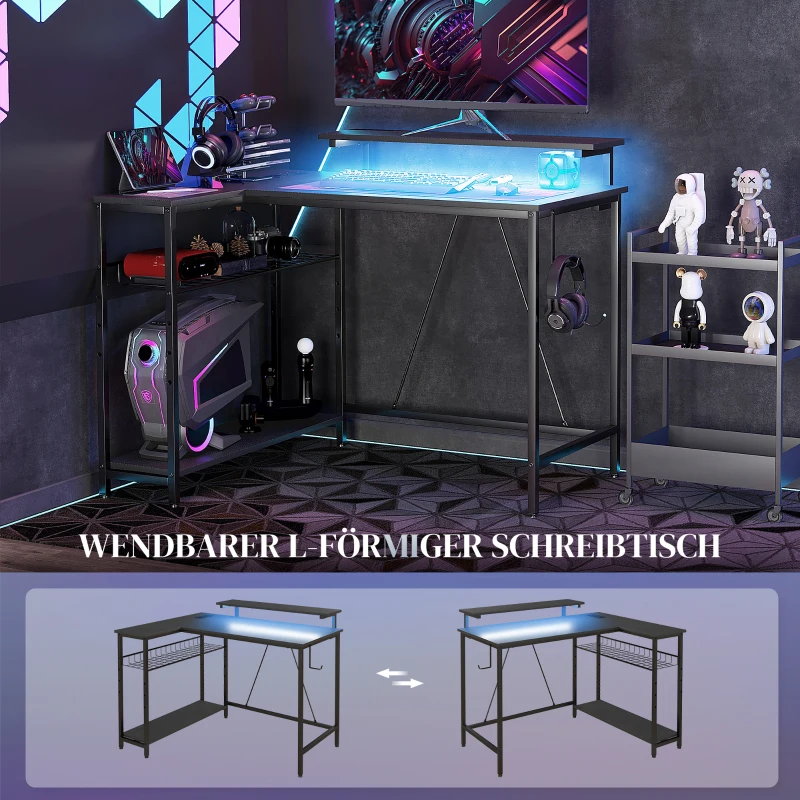 HOMCOM L-vormig bureau met LED, stopcontacten, USB, computertafel met plank, 107 x 80 x 90 cm, Zwart