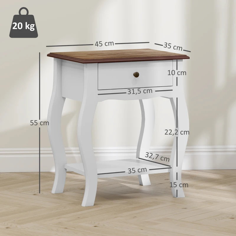 HOMCOM 2er-Pack Nachttische mit Schublade, offenem Fach und Abdeckplatte in Eichenoptik, Französischer Stil, 45x35x55 cm, Weiß und Eiche