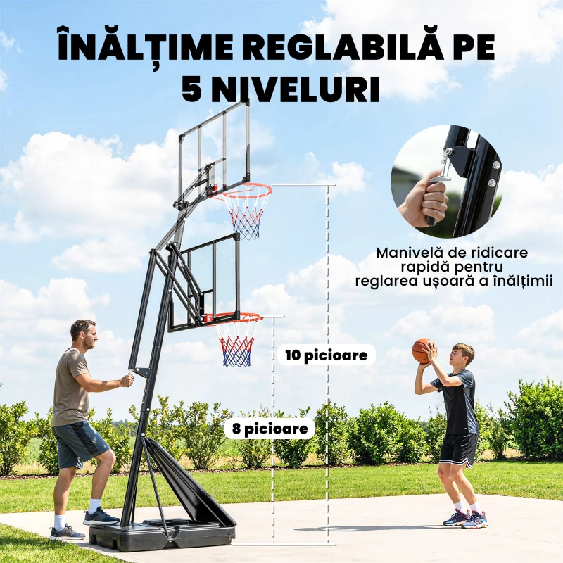 SPORTNOW Coș de Baschet Portabil pentru Exterior, Reglabil 2,45-3,05 m, Panou Rezistent la Șocuri, Reglare cu Manivelă