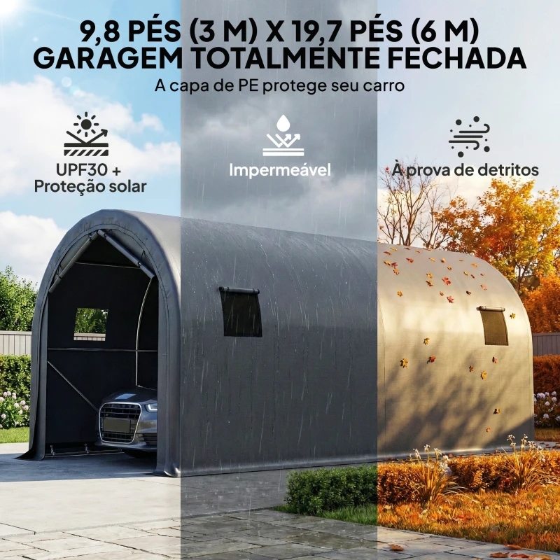 Outsunny Garagem Exterior para Automóvel 3x6 m Impermeável com Tecido PE Resistente Estrutura de Metal Galvanizado UPF 30+ Cinzento Escuro