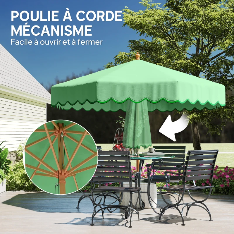 Outsunny Parasol de Jardin Rond avec Volants Rétro Chic Aspect Bois Protection Solaire UV 230cm Vert Clair