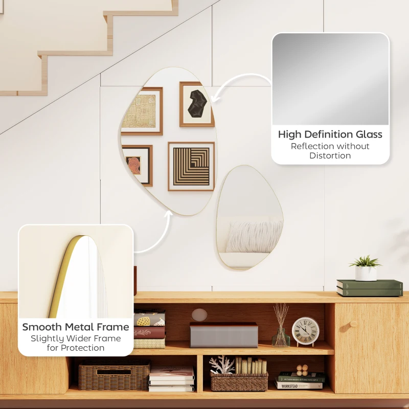 HOMCOM Set of 2 Pebble-Shaped Wall Mirror - Gold Tone