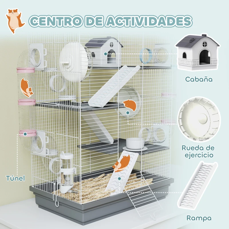 PawHut Jaula para Hámster con Túnel Plataformas Cuenco Bebedero Casita Rampas y Rueda de Ejercicio 47x30x70 cm Gris