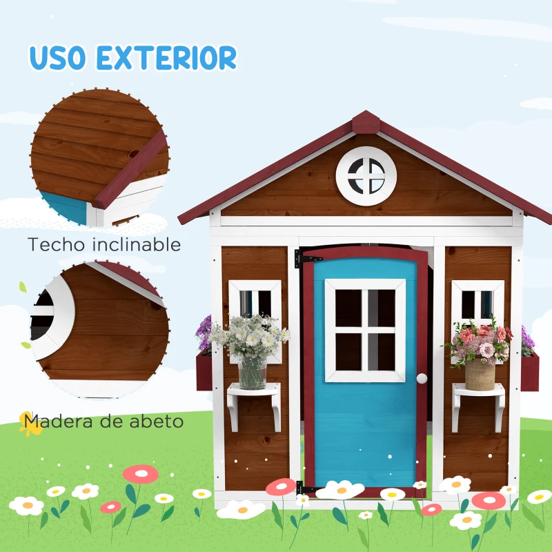 Outsunny Casita de Madera Infantil con Puerta Ventanas Jardineras y Repisas con Detalles de Color 114x126,4x135 cm Marrón Oscuro