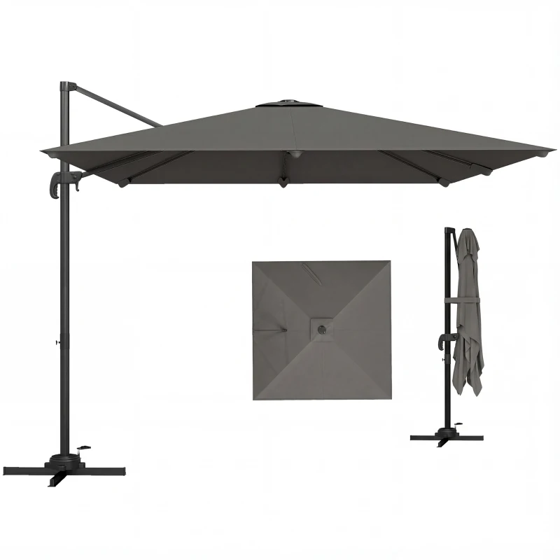 Outsunny Umbrelă de Grădină Decentralizată cu Manivelă 3x3m, Înclinabilă, Rotativă 360°, Umbrelă de Exterior Pătrată cu Bază Cruce, din Aluminiu, pentru Terasă sau Piscină, UV30+, Gri Închis