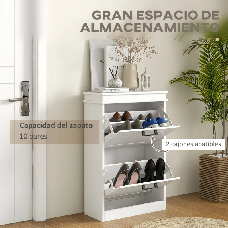 HOMCOM Zapatero Estrecho con 2 Cajones Abatibles Zapatero Entrada Recibidor con Estantes Ajustables para 10 Pares Blanco
