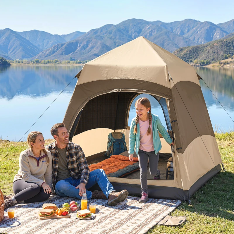 Outsunny Double Layer Instant Pop Up Tent with Rainfly, Portable Camping Shelter with Sewn-in Groundsheet and Carry Bag, Brown