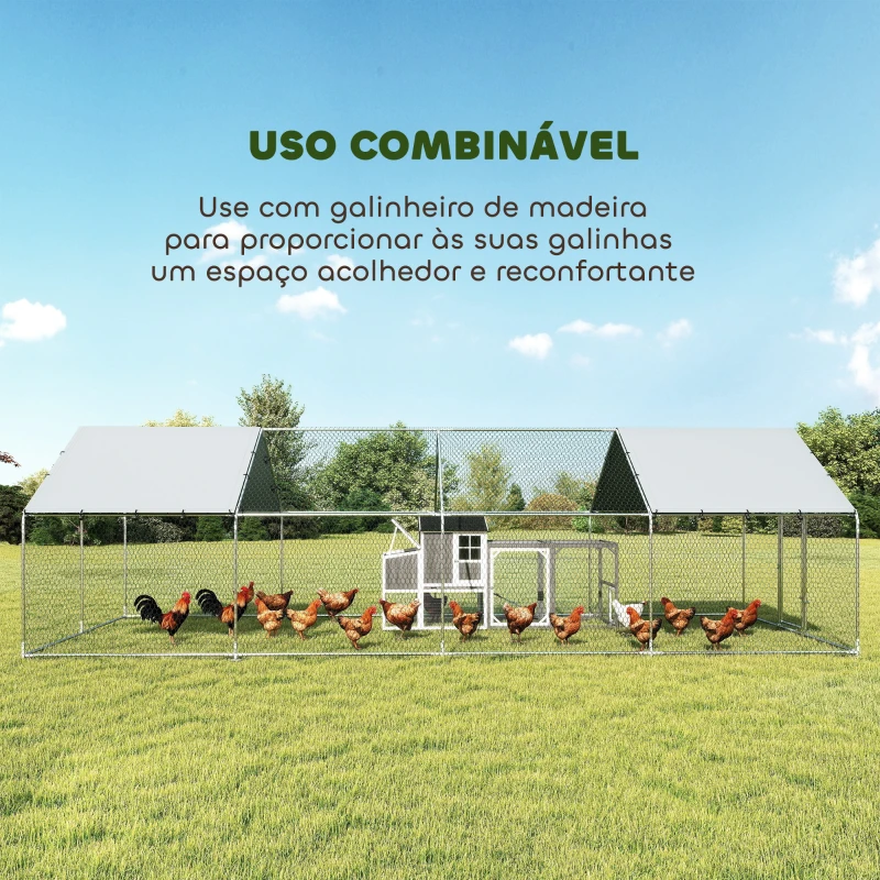 PawHut Galinheiro para Exterior Grande em Aço Galvanizado 6,8x3x1,9 m 20,4 m² com Cobertura em Tecido Oxford e Fecho Prata