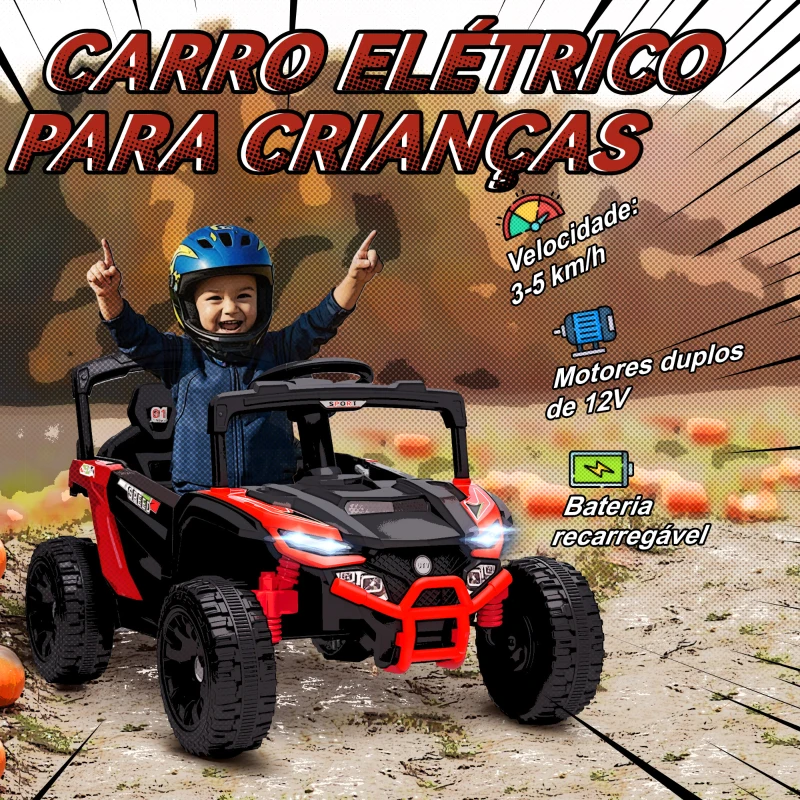 AIYAPLAY Carro Elétrico para Crianças 12V com 2 Motores Suspensão Traseira Faróis e Música 88x57,5x55,5 cm Vermelho