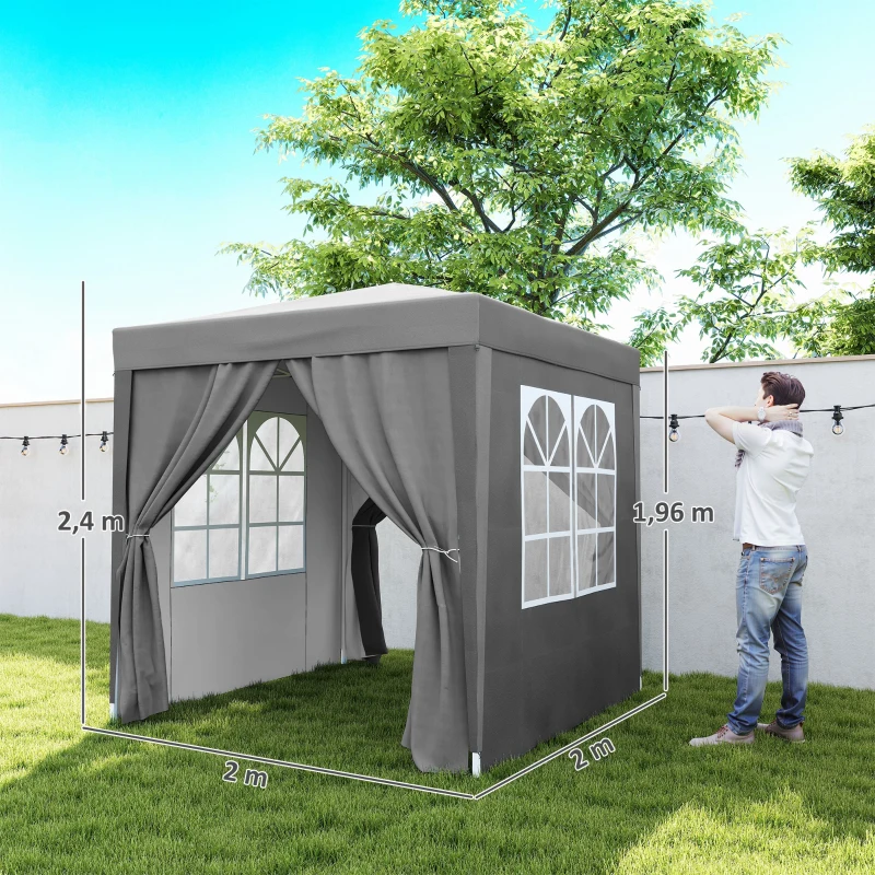 Outsunny Tenda Dobrável 2x2m com 4 Paredes Laterais Tecido Oxford 2 Janelas e Saco de Transporte Anti-UV Impermeável Cinzento