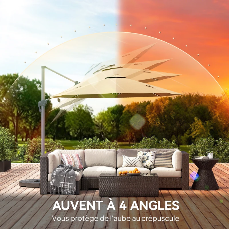 Outsunny Parasol déporté octogonal parasol LED solaire inclinable pivotant manivelle piètement aluminium dim. Ø 3 x 2,55H m beige
