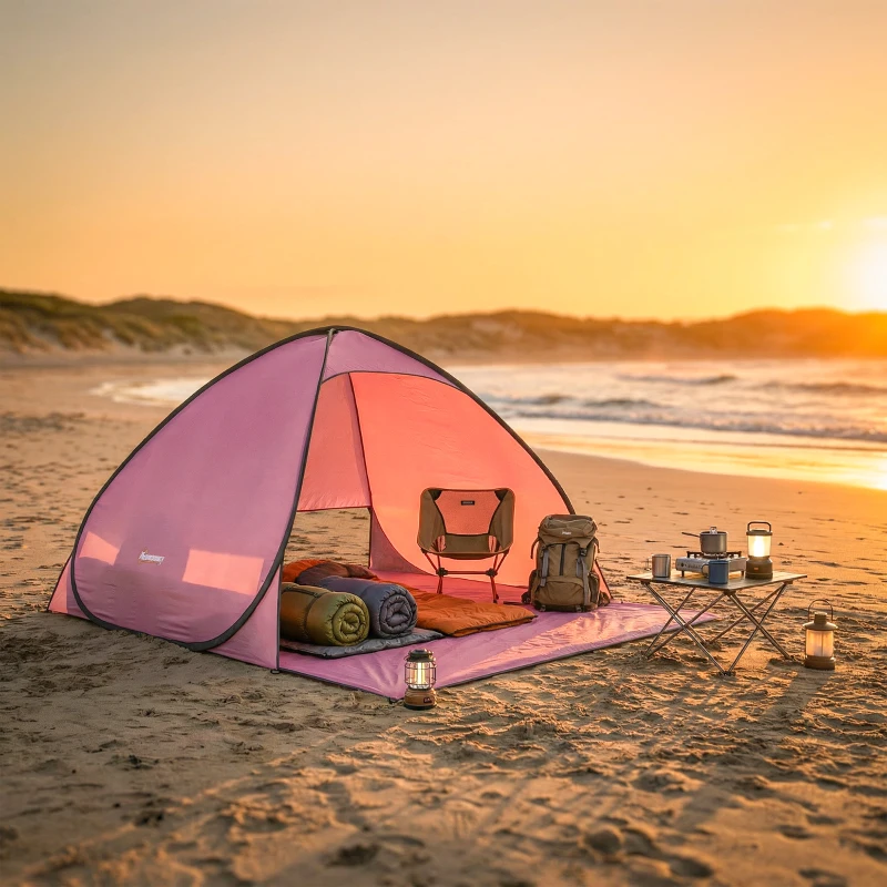 Outsunny Pop up Beach Tent, UV 50+ Sun Shelter with Carry Bag, 2x1.5m for 2-3 Person, Pink