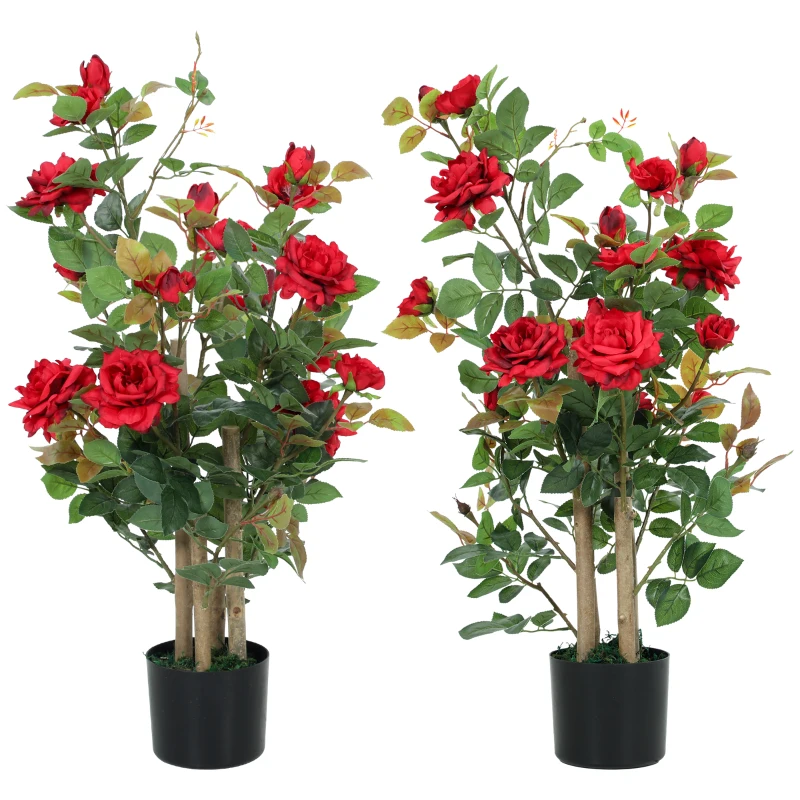 HOMCOM 90cm Artificial Rose Tree Set of 2, Decorative Fake Plant with 344 Silk Leaves 17 Flowers for Outdoor Indoor Decor, Red