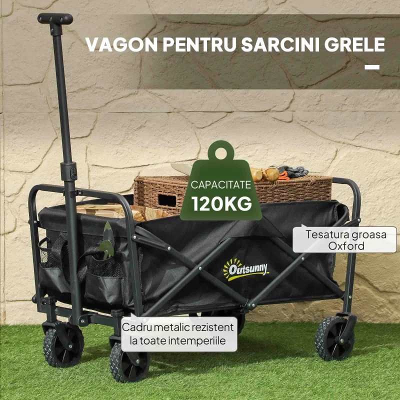 Outsunny Cărucior de Grădină 62L cu Roți Pivotante, Cărucior Pliabil din Metal și Țesătură Oxford cu Geantă și Mâner Reglabil, 76x48x86 cm, Negru