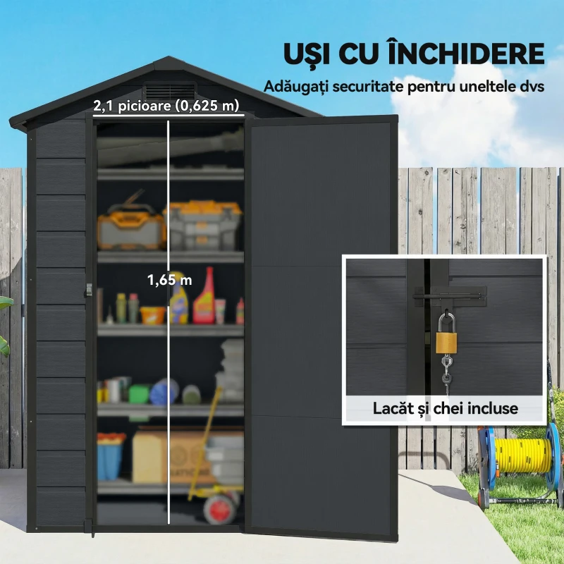 Outsunny Căsuță pentru Unelte cu 2 Intrări, Ferestre și Aerisiri, din PP și Aluminiu, 128x104x196 cm, Gri Închis