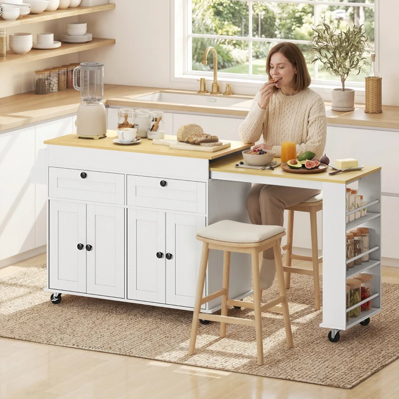 HOMCOM isla central de cocina con encimera extensible, carrito de cocina sobre ruedas con 2 cajones, 4 puertas, blanco